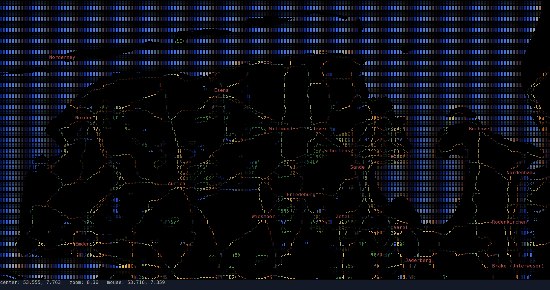 Eine nächtliche Kartendarstellung der ostfriesischen Küstenregion mit ASCII-Zeichen.